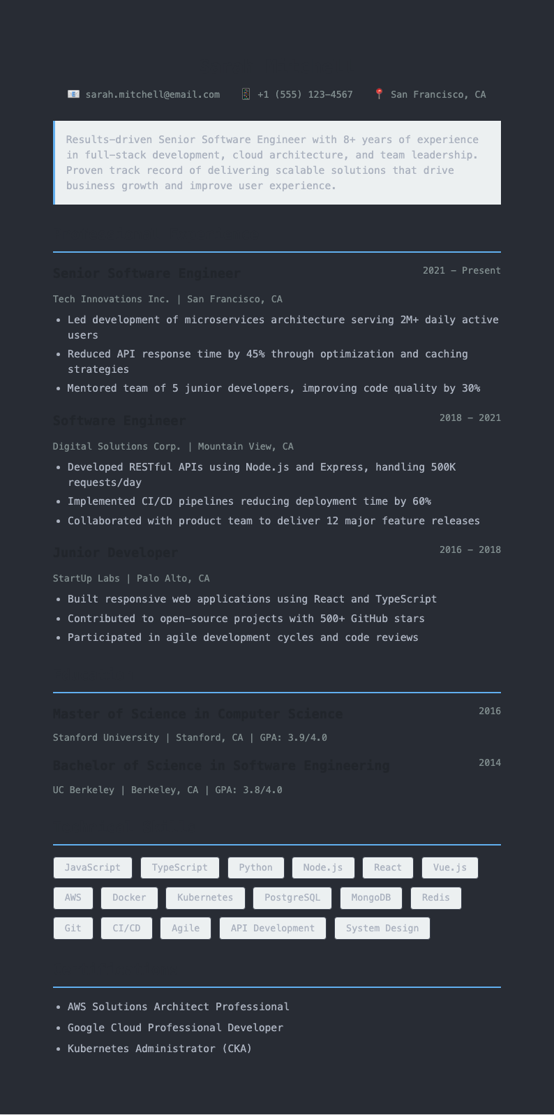 Software API Documentation - Technical Resume with API documentation style and developer-focused layout. Ideal for software developers and technical writers. Features excellent formatting and professional presentation.